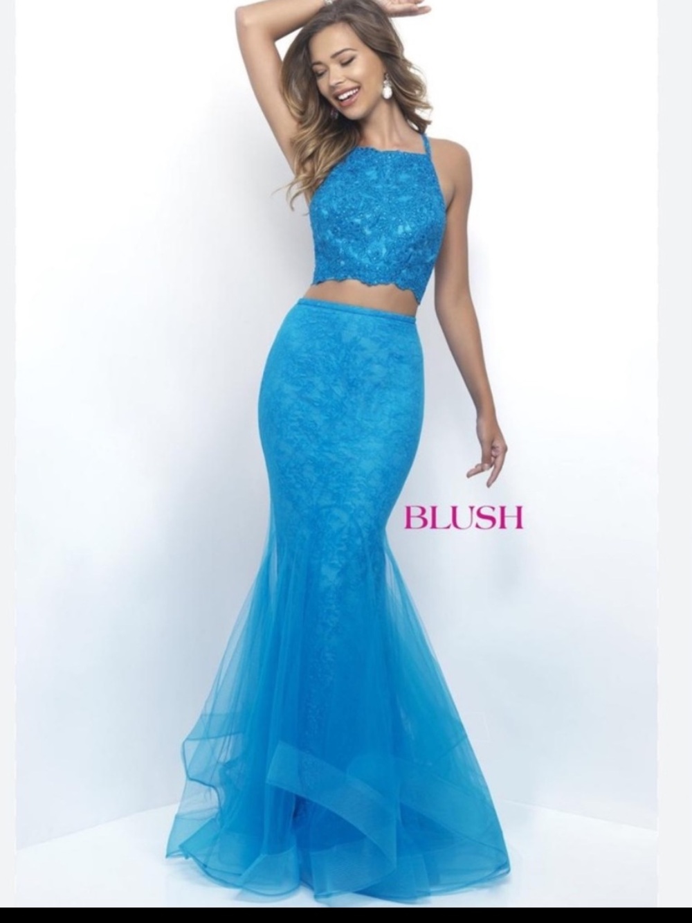 Blush Two-Piece Lace & Tulle Mermaid Dress in Bright Blue